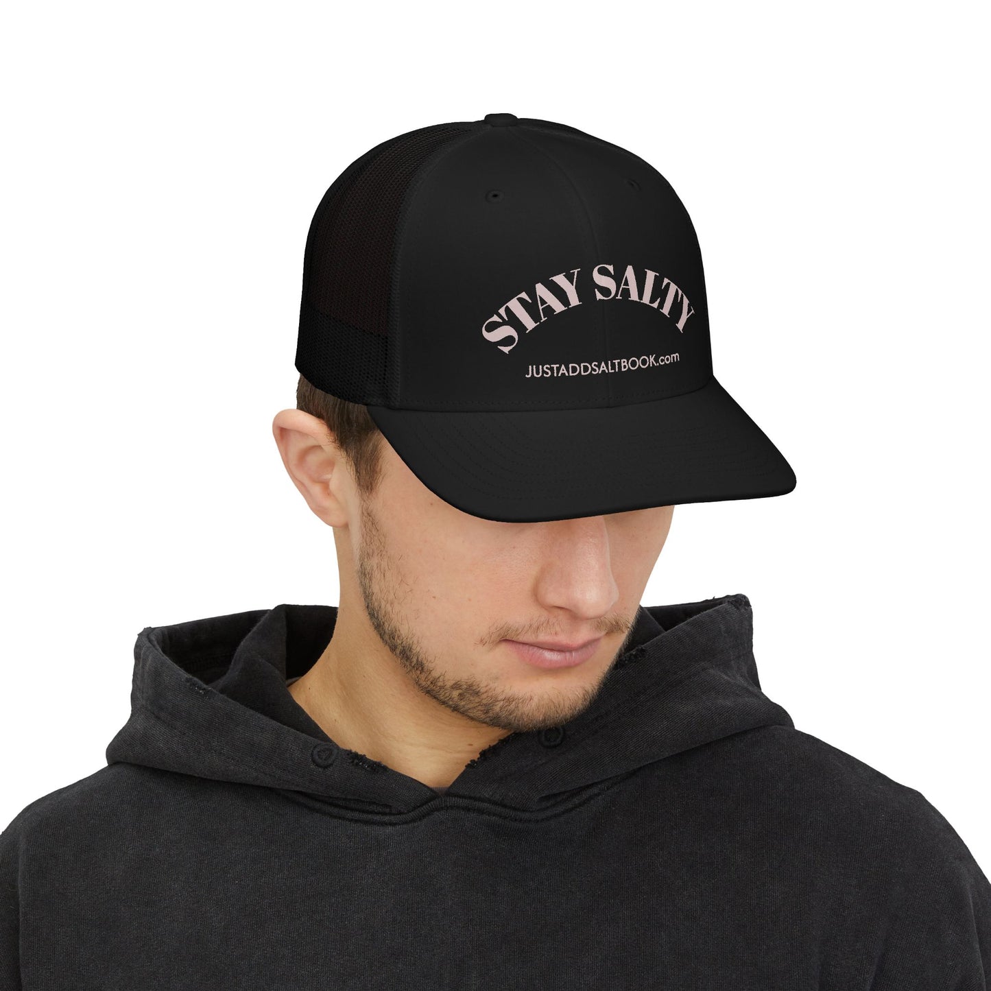 Stay Salty Snapback Trucker Cap | pale pink arch text, beach vibe