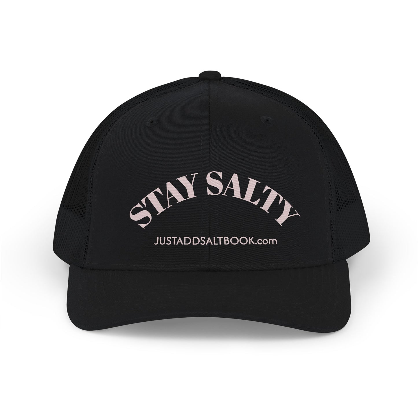 Stay Salty Snapback Trucker Cap | pale pink arch text, beach vibe