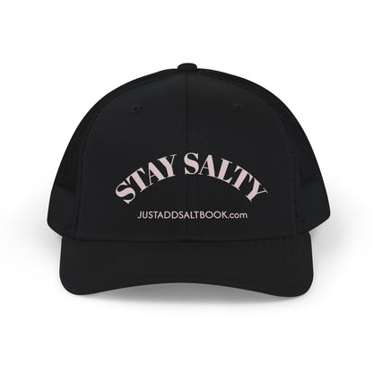 Stay Salty Snapback Trucker Cap | pale pink arch text, beach vibe