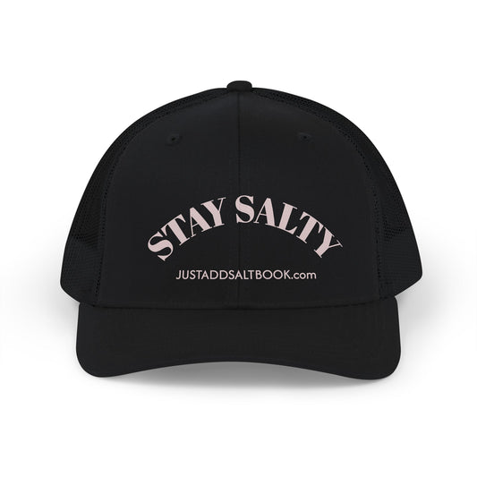 Stay Salty Snapback Trucker Cap | pale pink arch text, beach vibe